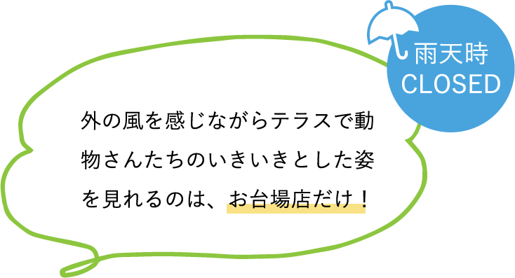 雨天時 CLOSED 外の風を感じながらテラスで動物さんたちのいきいきとした姿を見れるのは、お台場店だけ！